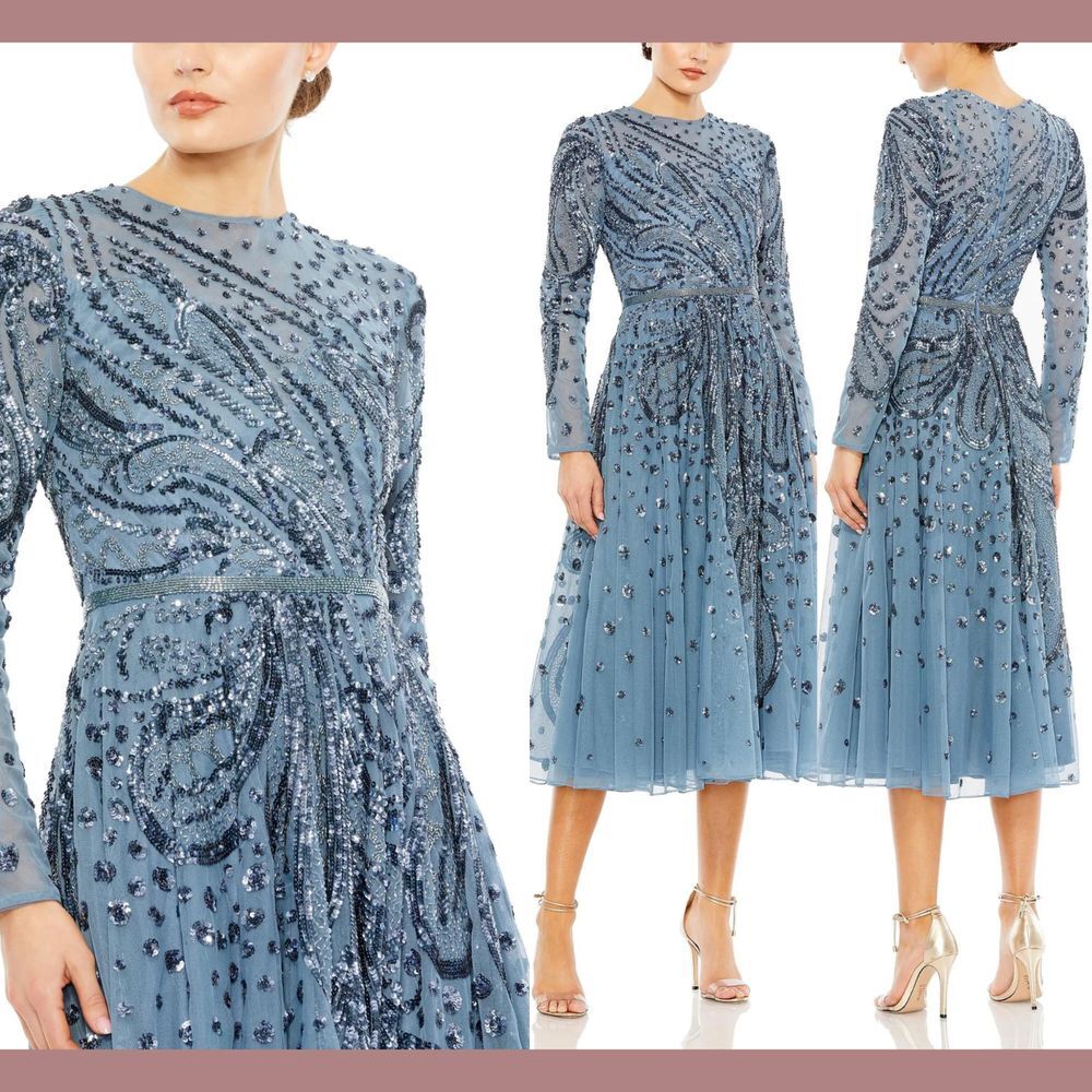 NWT$598 Mac Duggal [ 16 ] Embellished Illusion‎ High Neck Long Sleeve Dress Blue